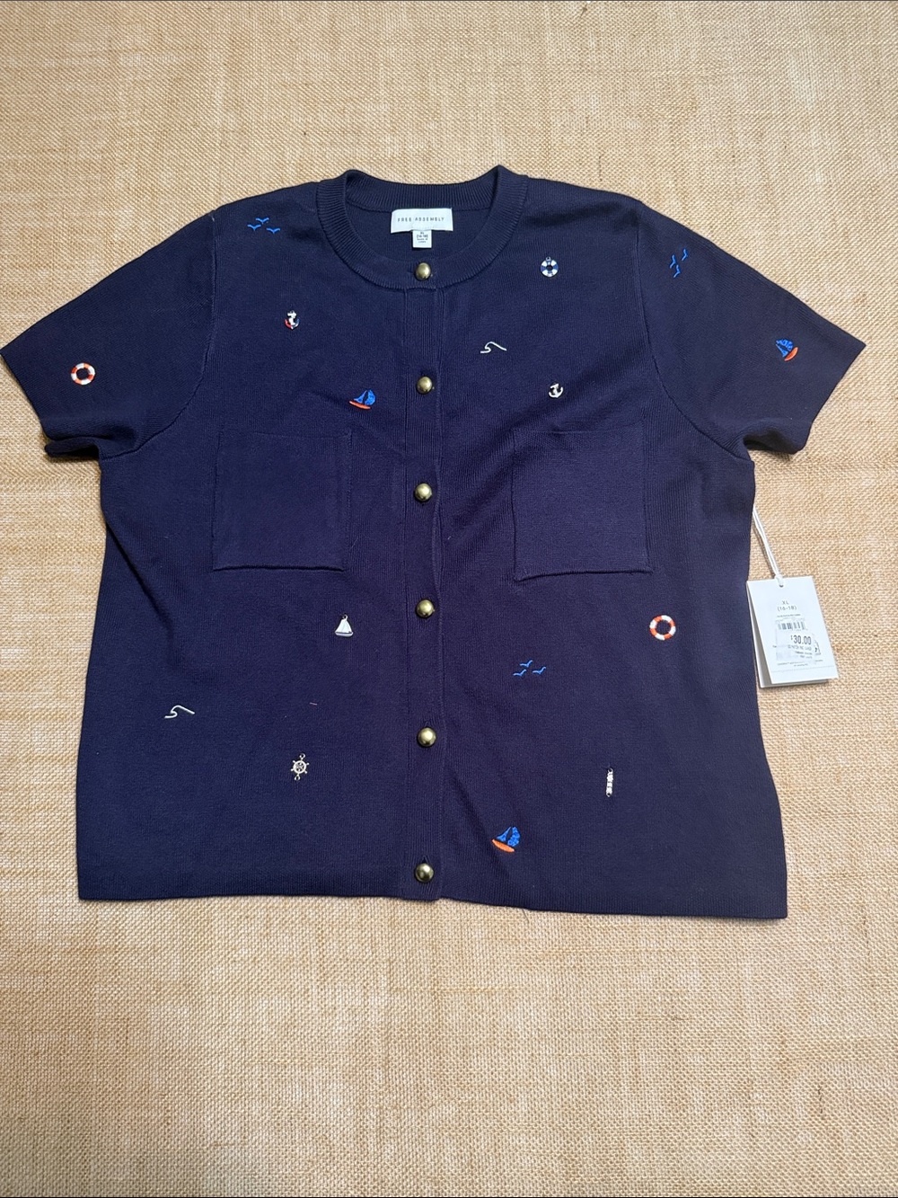 Crew Navy Embroidered Short-Sleeve Cardigan by Anne Klein